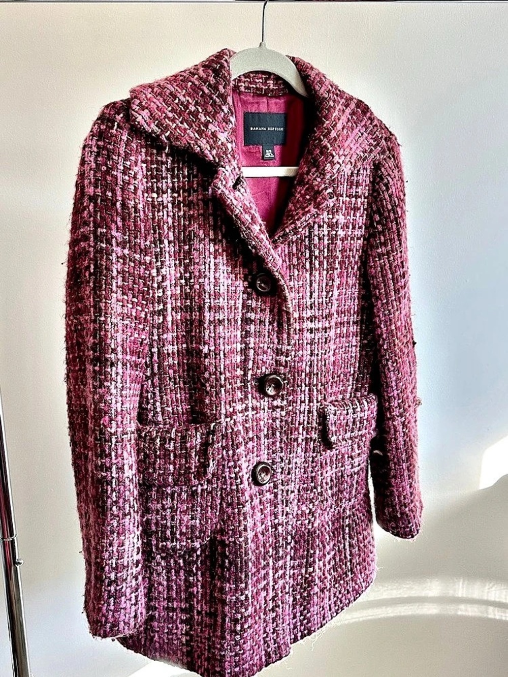 Banana Republic Pink Purple Wool Mohair Tweed Boucle Single Breasted Jacket Sz M